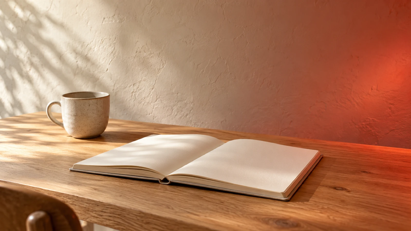 Blanco notitieboek en keramische kop op een houten tafel met daglicht en een warme rode gloed