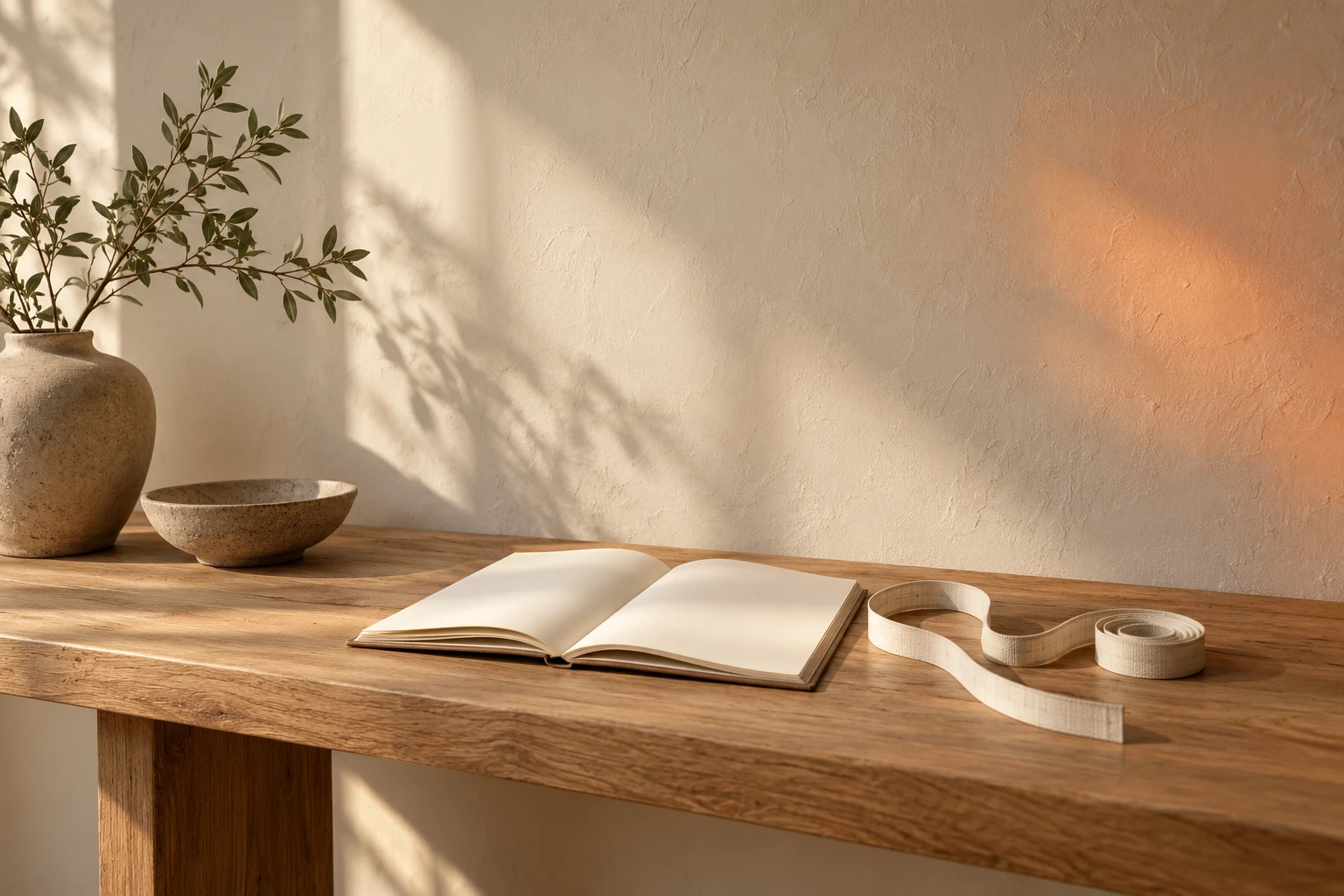 Notitieboek en meetlint op een houten tafel in een rustige kamer met een zachte rode lichtreflectie