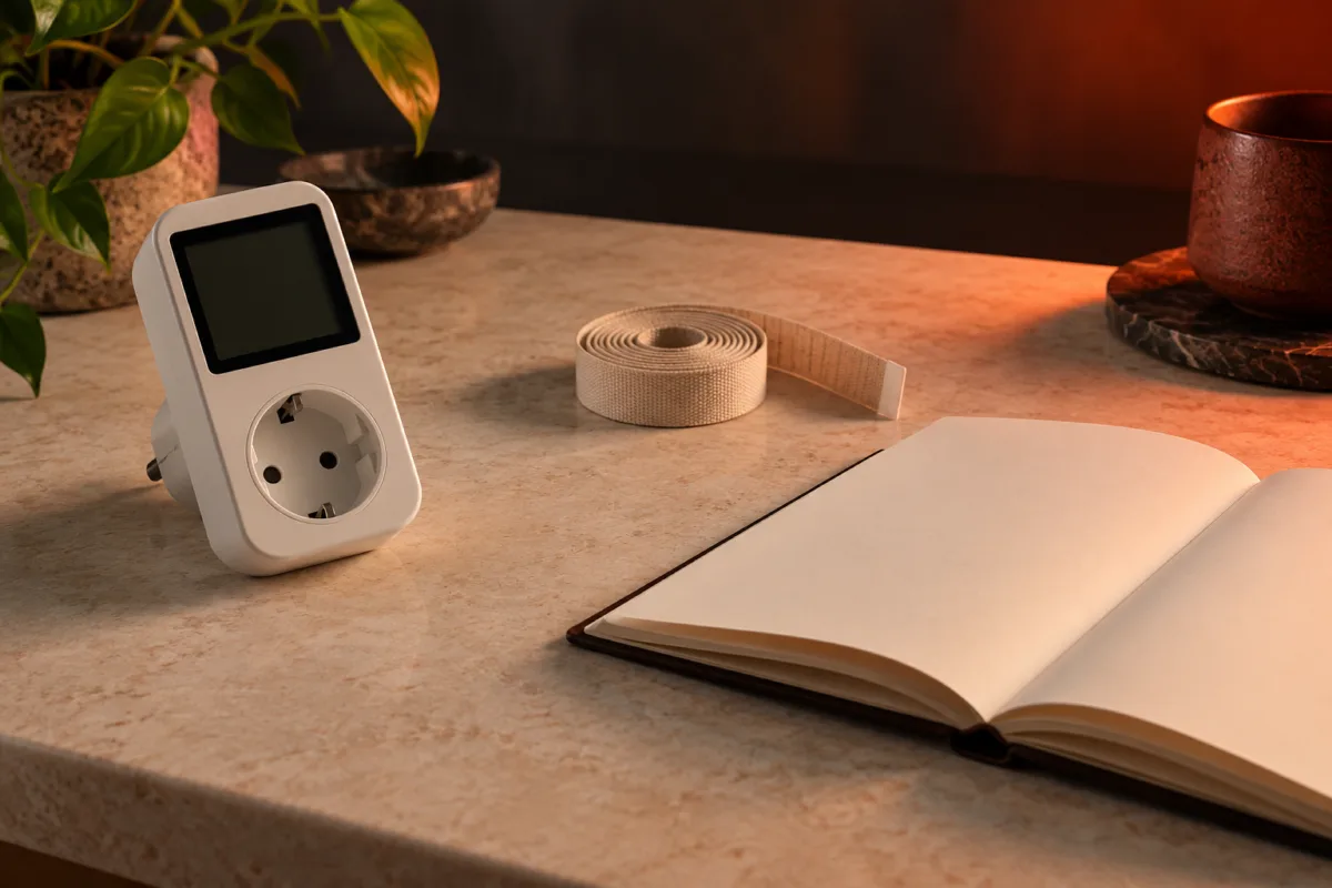Energiemeter met leeg scherm, opgerold meetlint en open notitieboek op een warm verlicht tafelblad