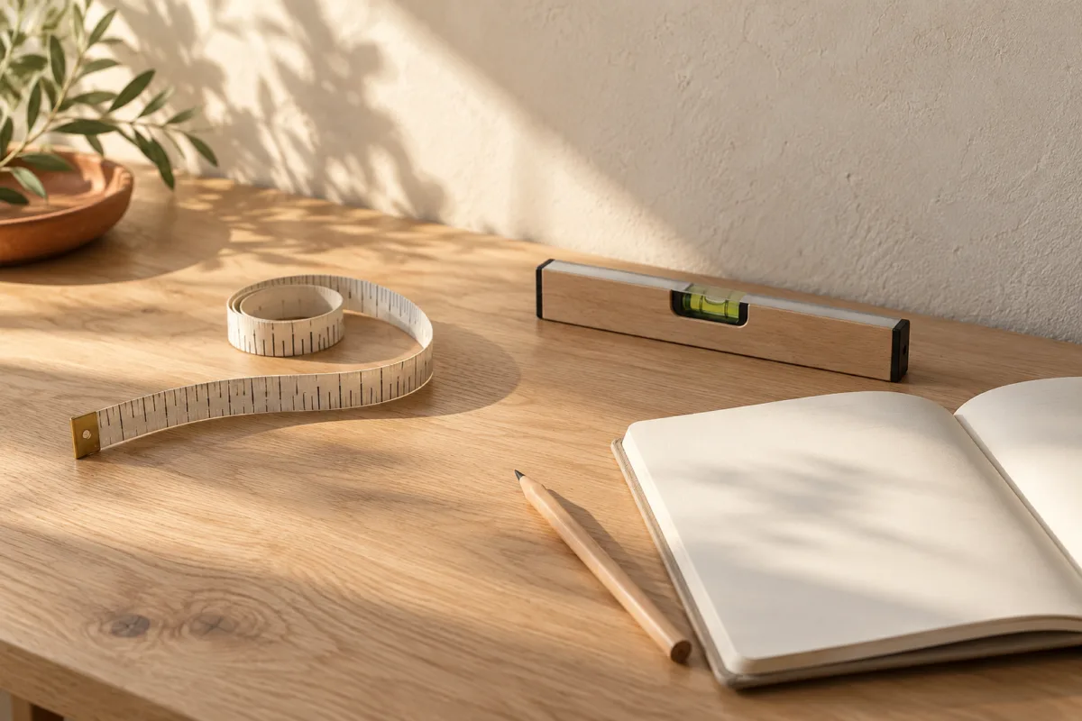 Meetlint, waterpas, potlood en blanco notitieboek op een houten tafel bij een lichte wand