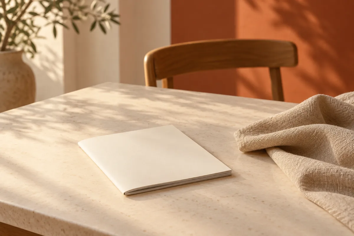 Blanco boekje en zandkleurige linnen doek op een lichte tafel naast een houten stoel