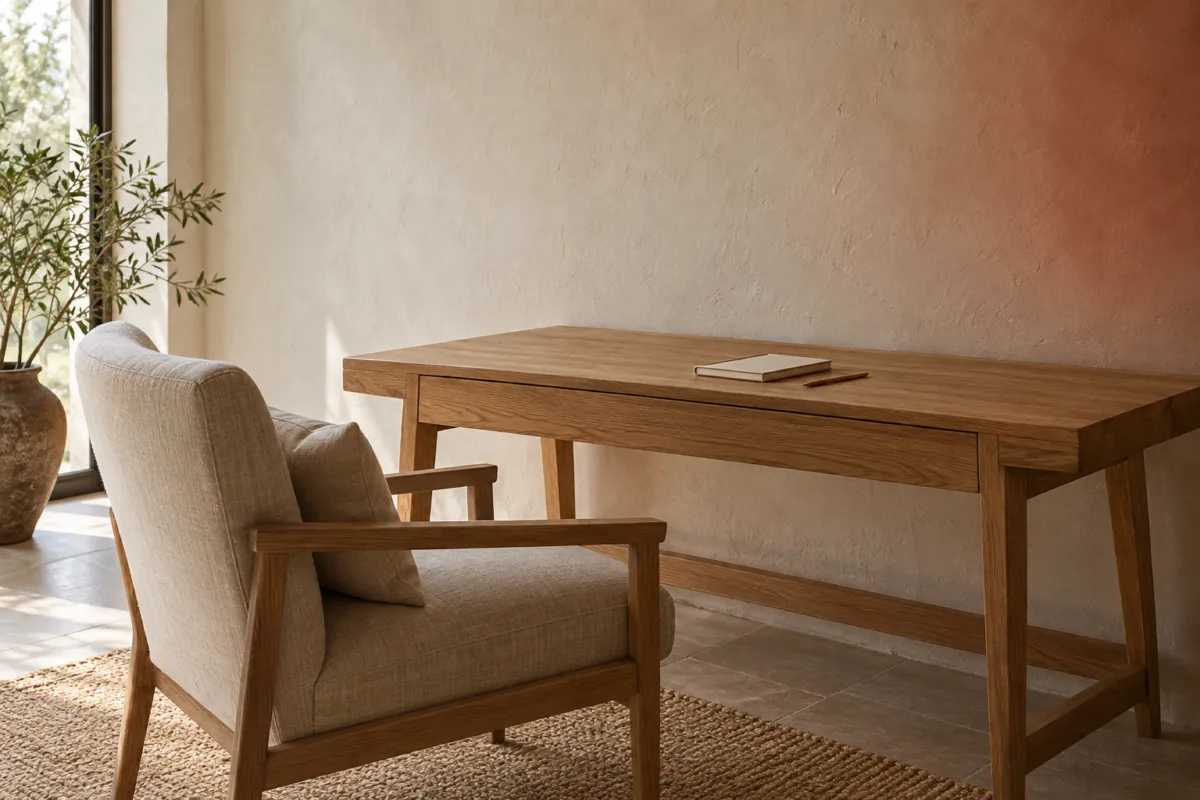 Rustige werkhoek met een notitieboek op een houten bureau en een zachte rode lichtreflectie op de muur